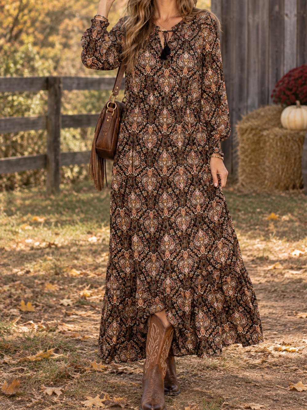 Love Stitch Long Sleeve Boho Leg slit Black multicolorPaisley Maxi dress Nwt